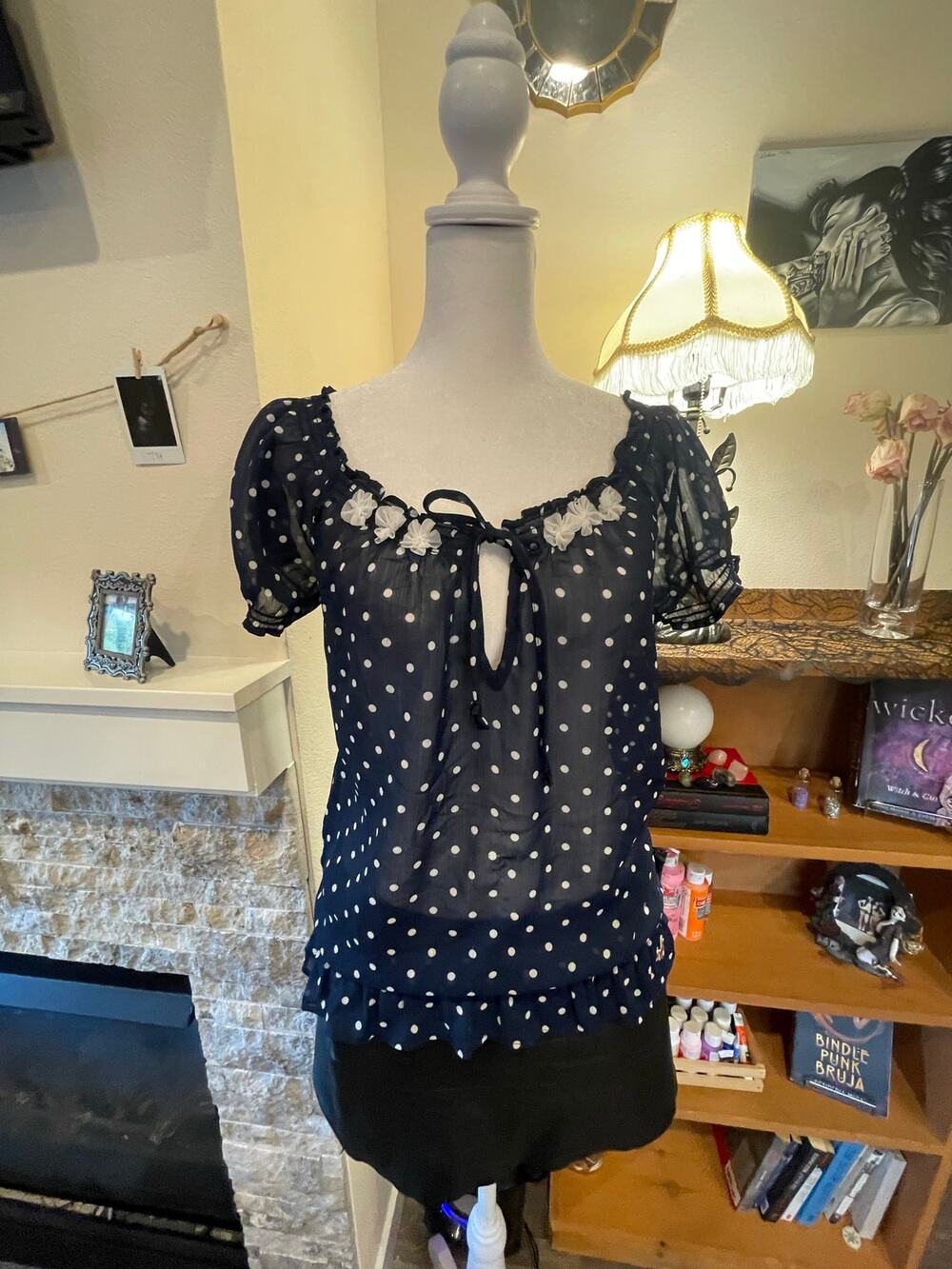 vintage hollister mesh navy and white polka dot short sleeve blouse